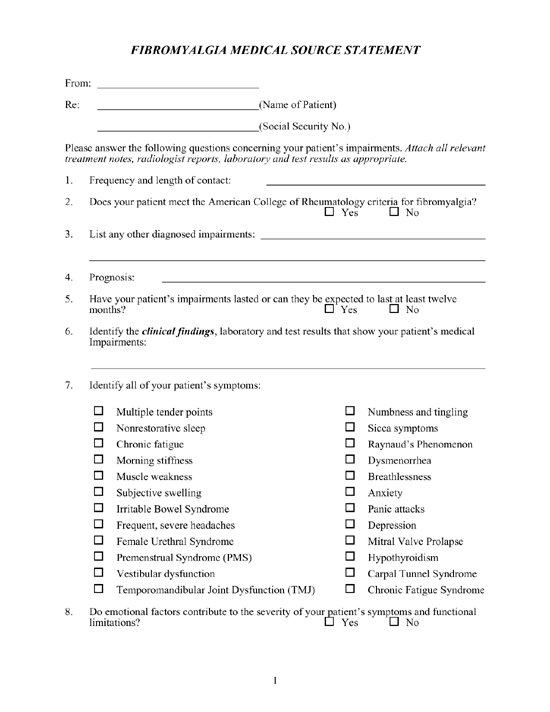 Fibromyalgia Medical Source Statement Fibromyalgia Medical Source Statement
